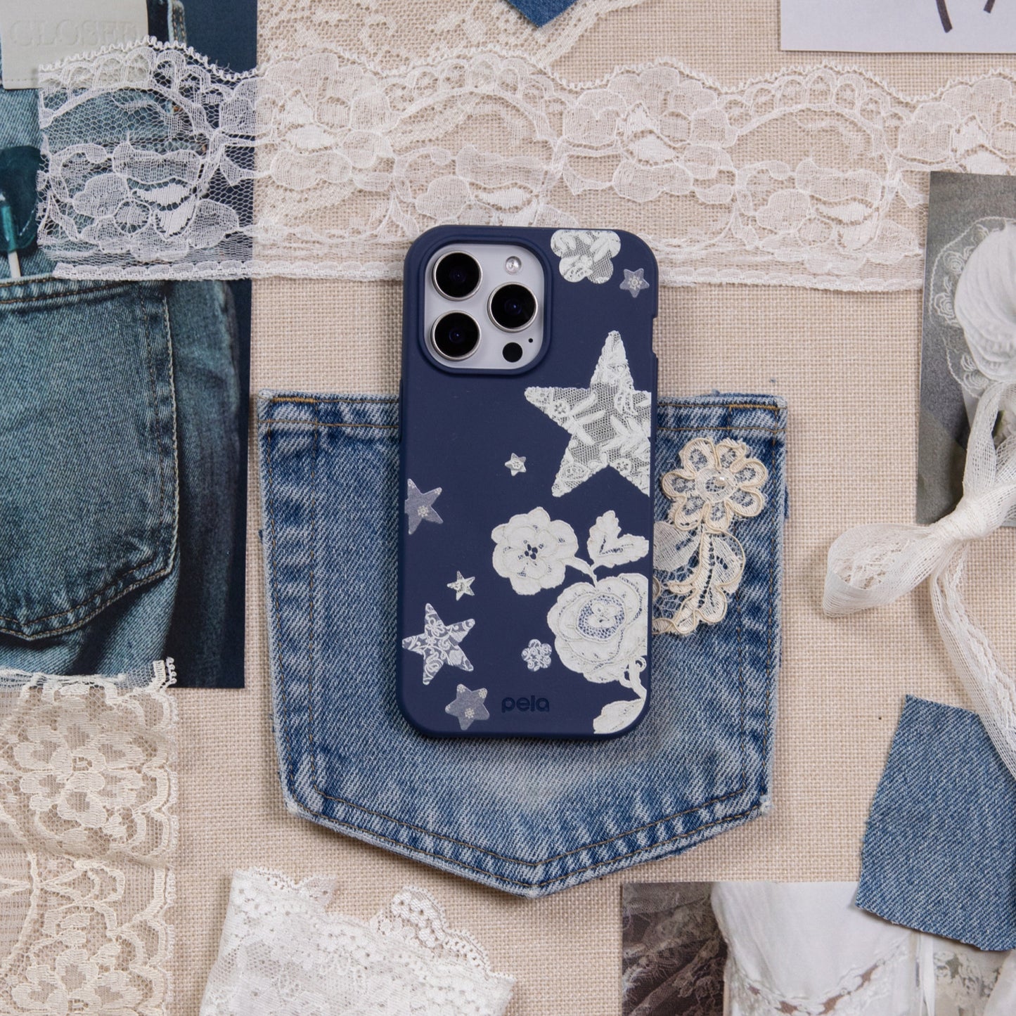 Navy Blue Romantic Lace iPhone 17 Pro Case
