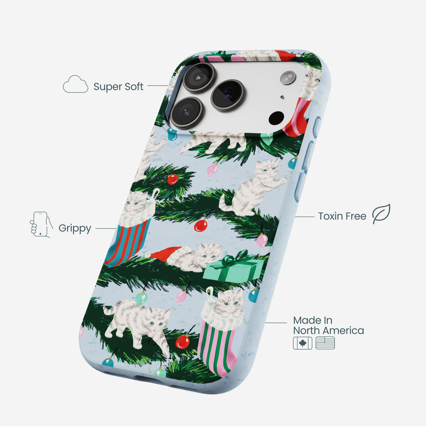 Powder Blue Christmas Kittens iPhone 17 Pro Case