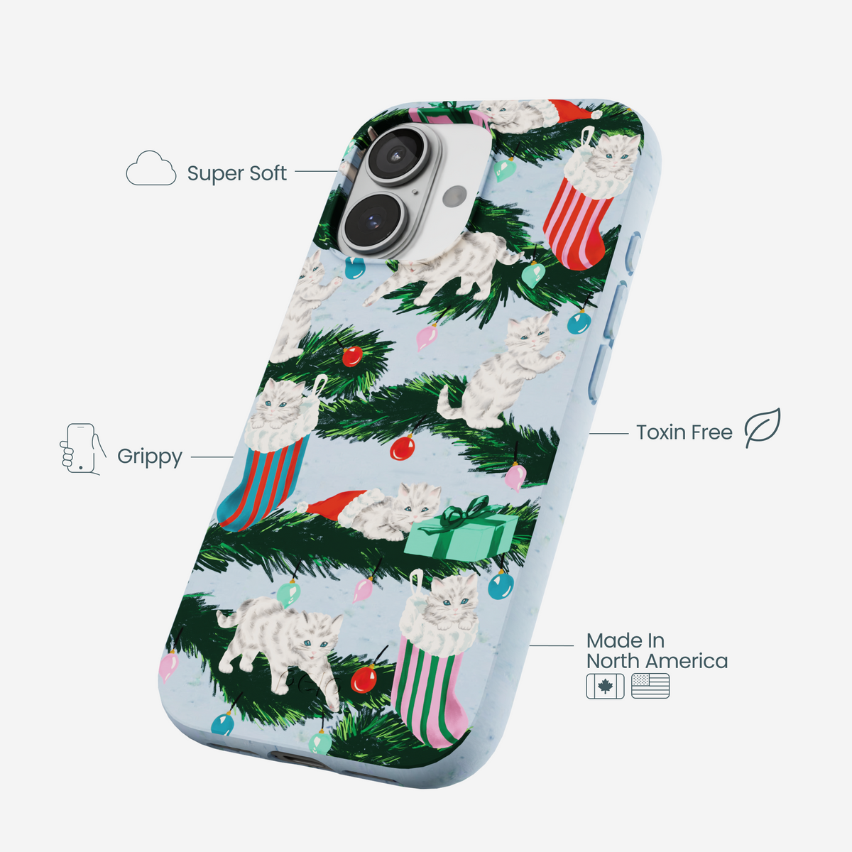 Powder Blue Christmas Kittens iPhone 17 Case