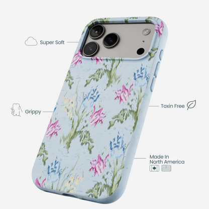 Powder Blue Floral Tapestry iPhone 17 Pro Max Case