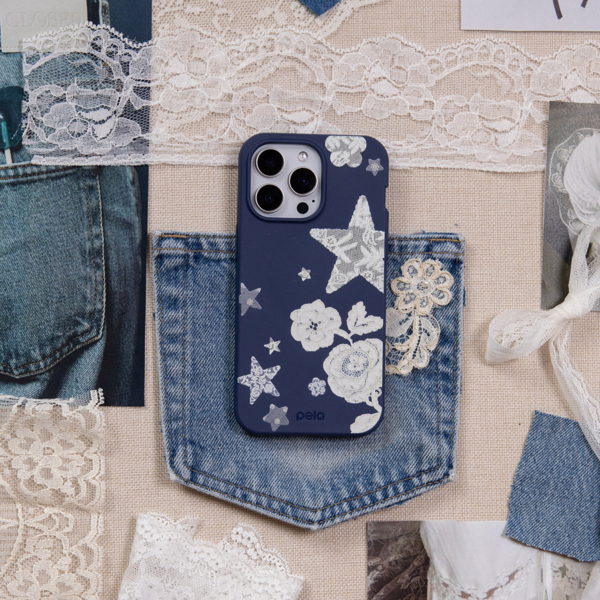 Navy Blue Romantic Lace iPhone 17 Case