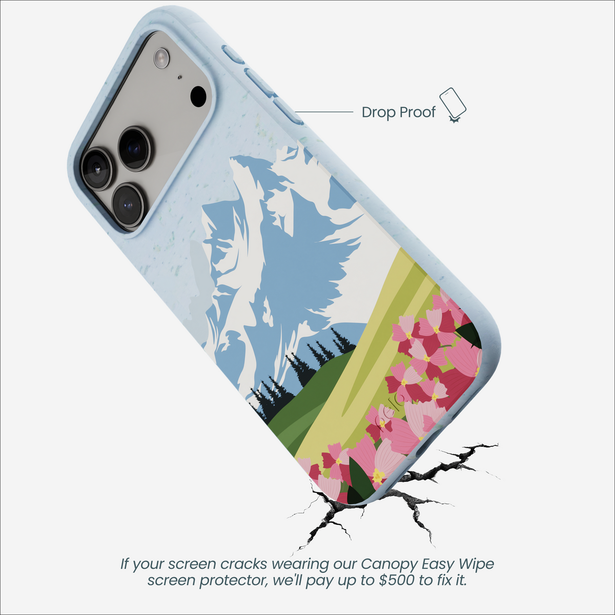 Powder Blue Mountains and Blooms iPhone 17 Pro Max Case