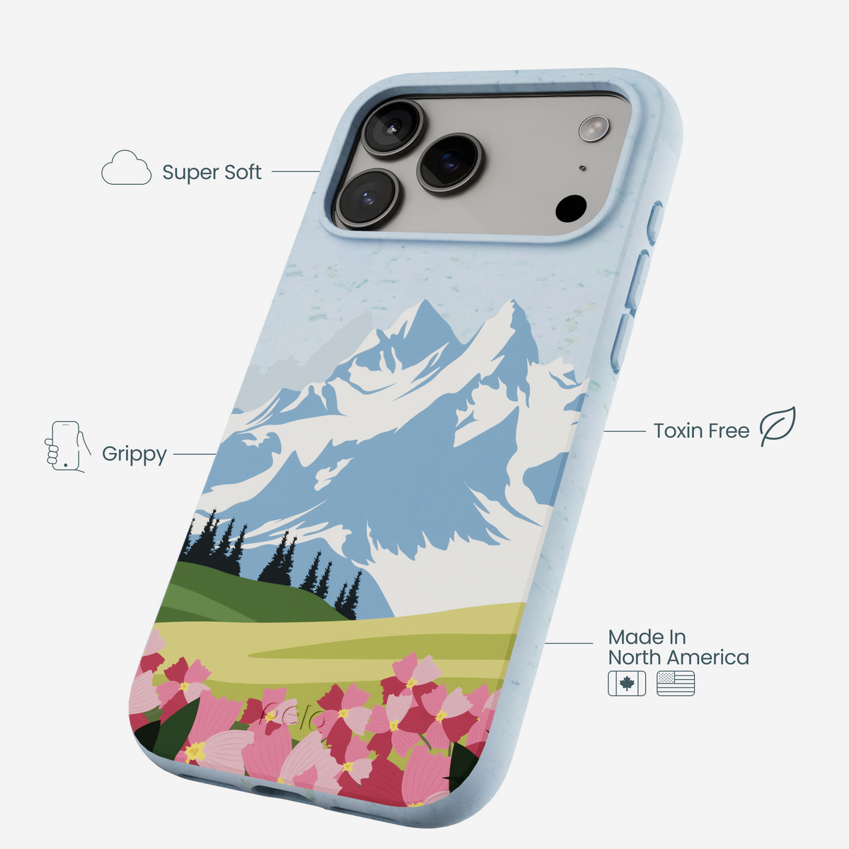 Powder Blue Mountains and Blooms iPhone 17 Pro Max Case