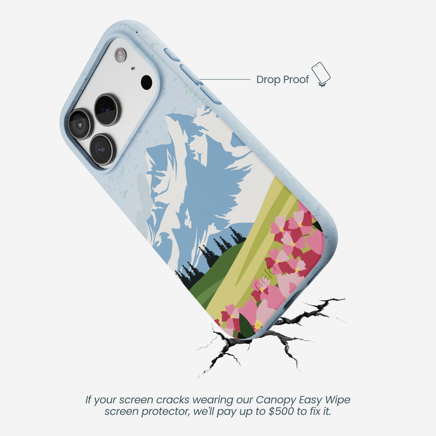 Powder Blue Mountains and Blooms iPhone 17 Pro Case