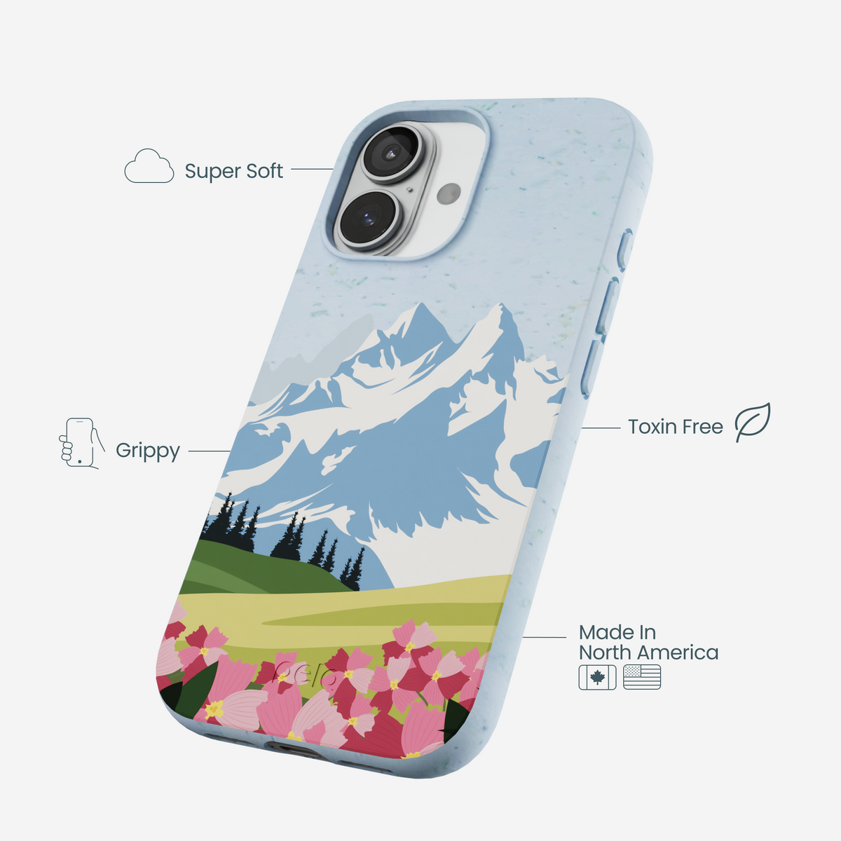 Powder Blue Mountains and Blooms iPhone 17 Case
