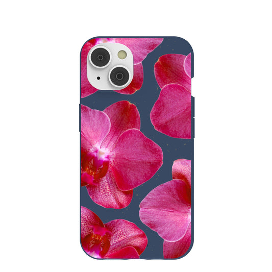 Navy Blue Pink Orchids iPhone 14 Case