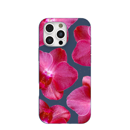 Navy Blue Pink Orchids iPhone 16 Pro Max Case