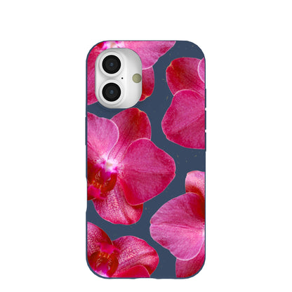 Navy Blue Pink Orchids iPhone 16 Case